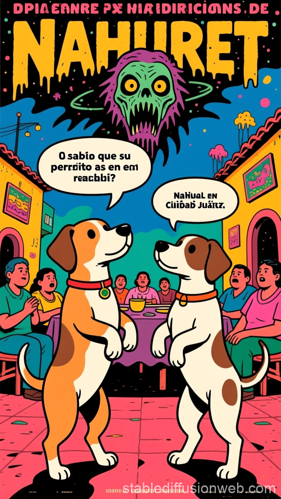 Two Dogs Discussing Nahual in a Vibrant Mexican Street Scene