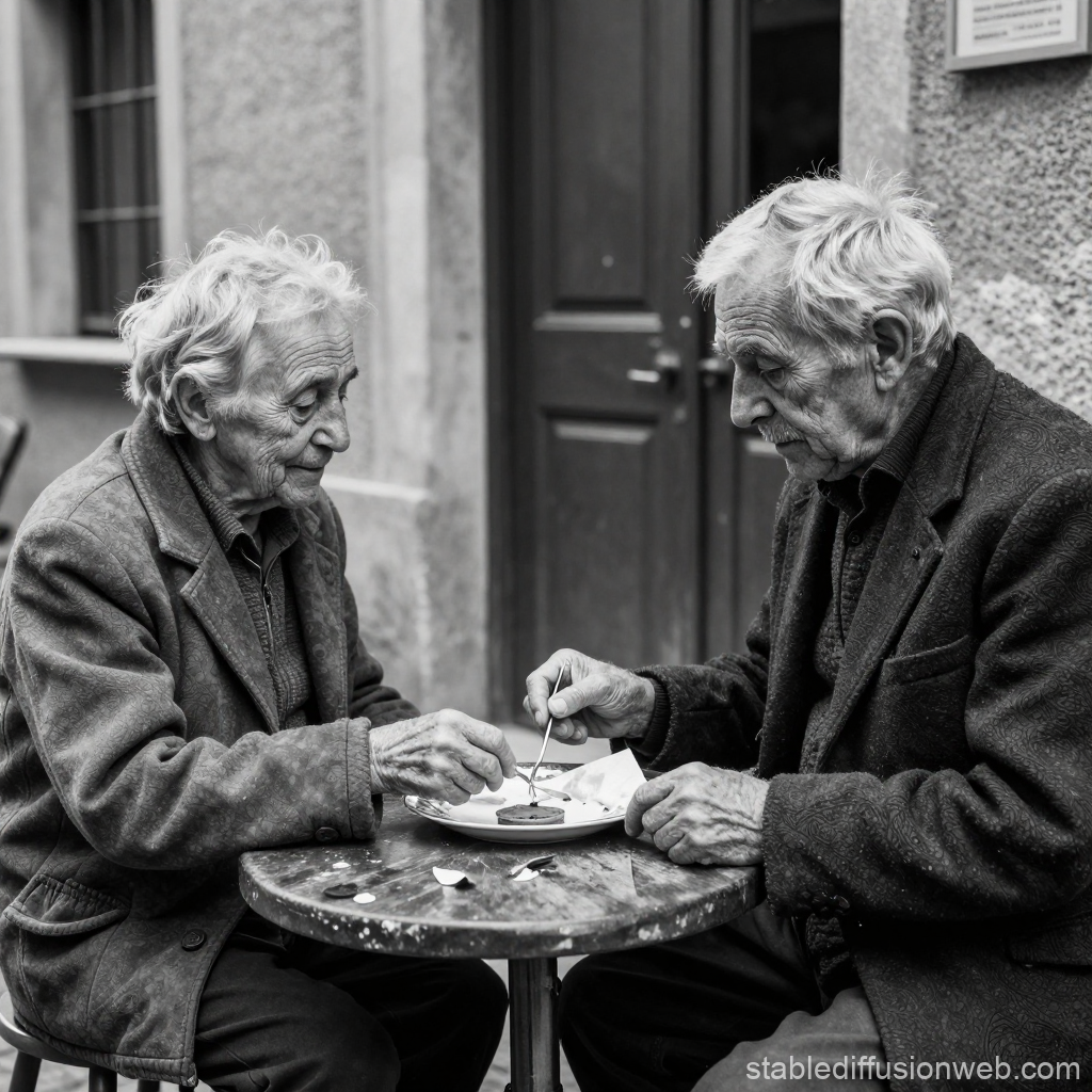 Two Elderly Men Sharing a Meal Outdoors