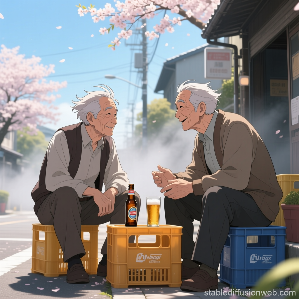Two Elderly Men Sharing a Moment Under Cherry Blossoms