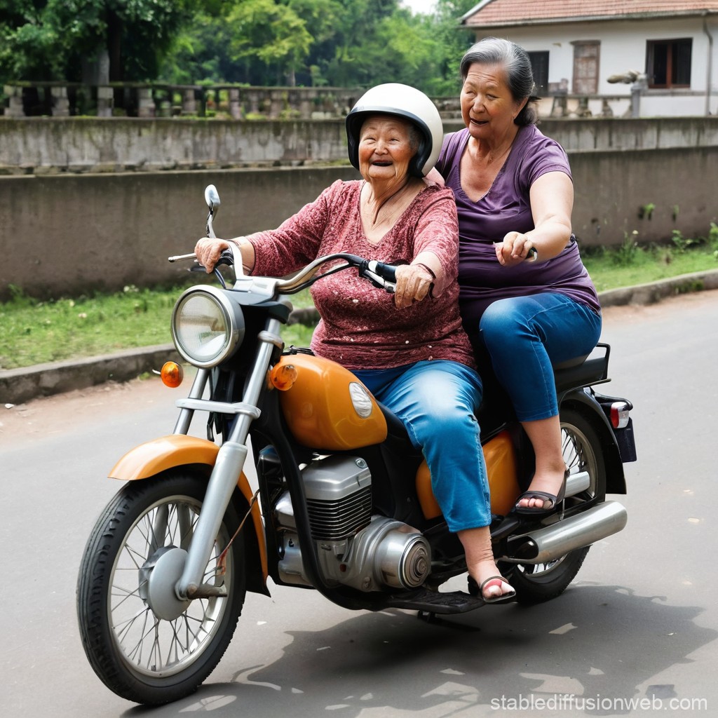Two Elderly Women Riding a Motorcycle Joyfully