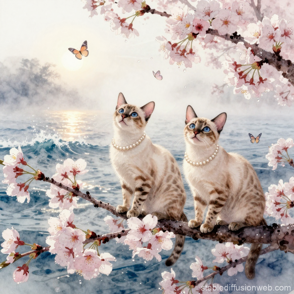 Two Elegant Cats on Cherry Blossom Branch by the Sea