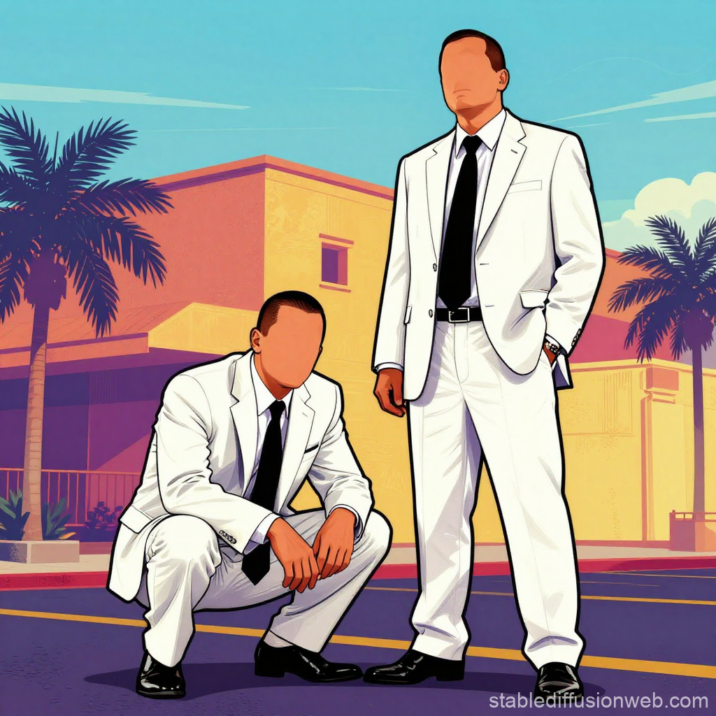 Two Faceless Men in White Suits in a Vibrant Urban Setting