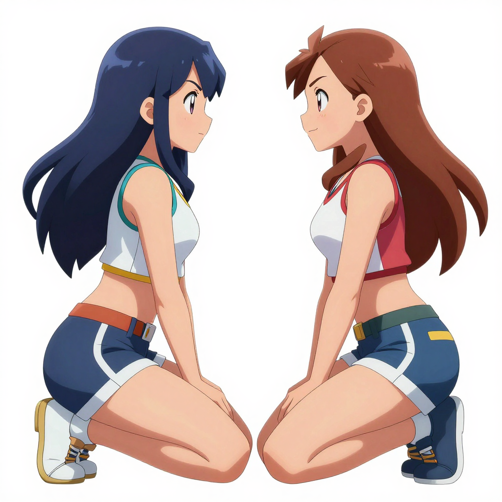 Two Female Anime Trainers Kneeling and Facing Each Other