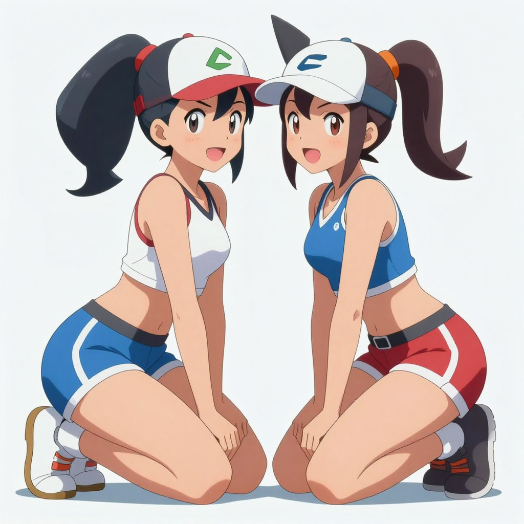 Two Female Anime Trainers Kneeling in Sporty Outfits