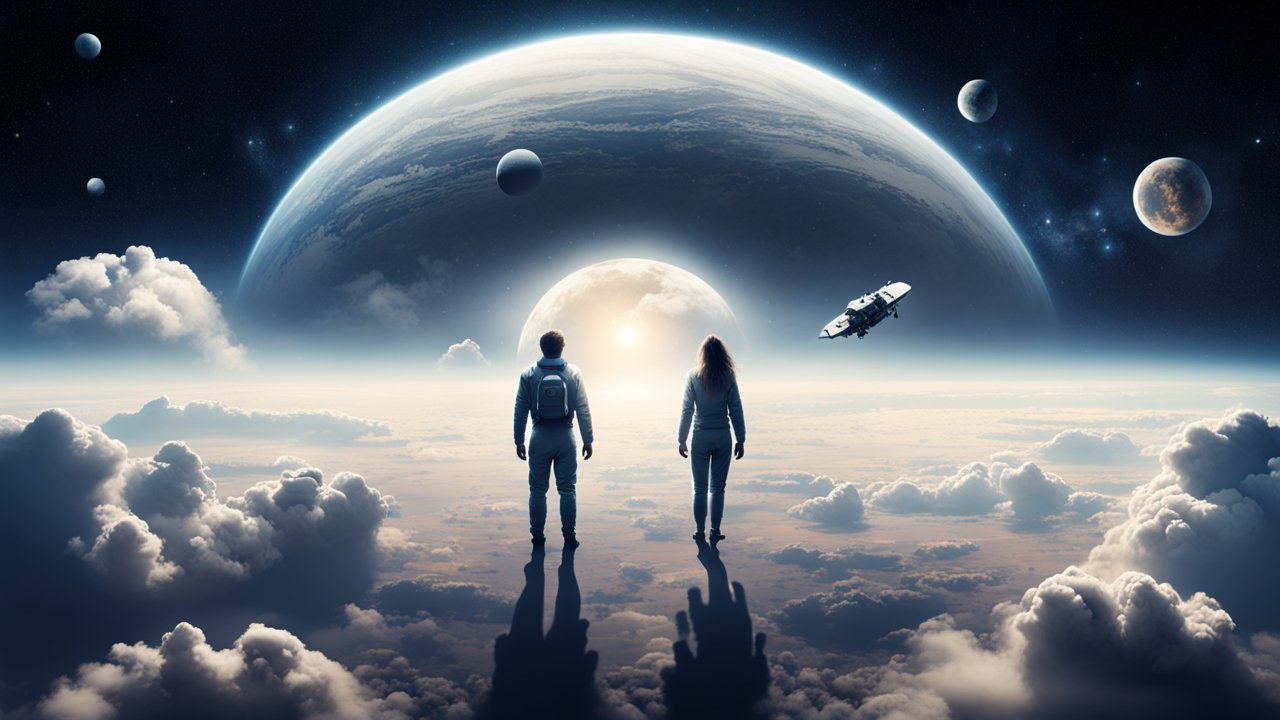 Two Figures Gazing at a Majestic Planetary Horizon
