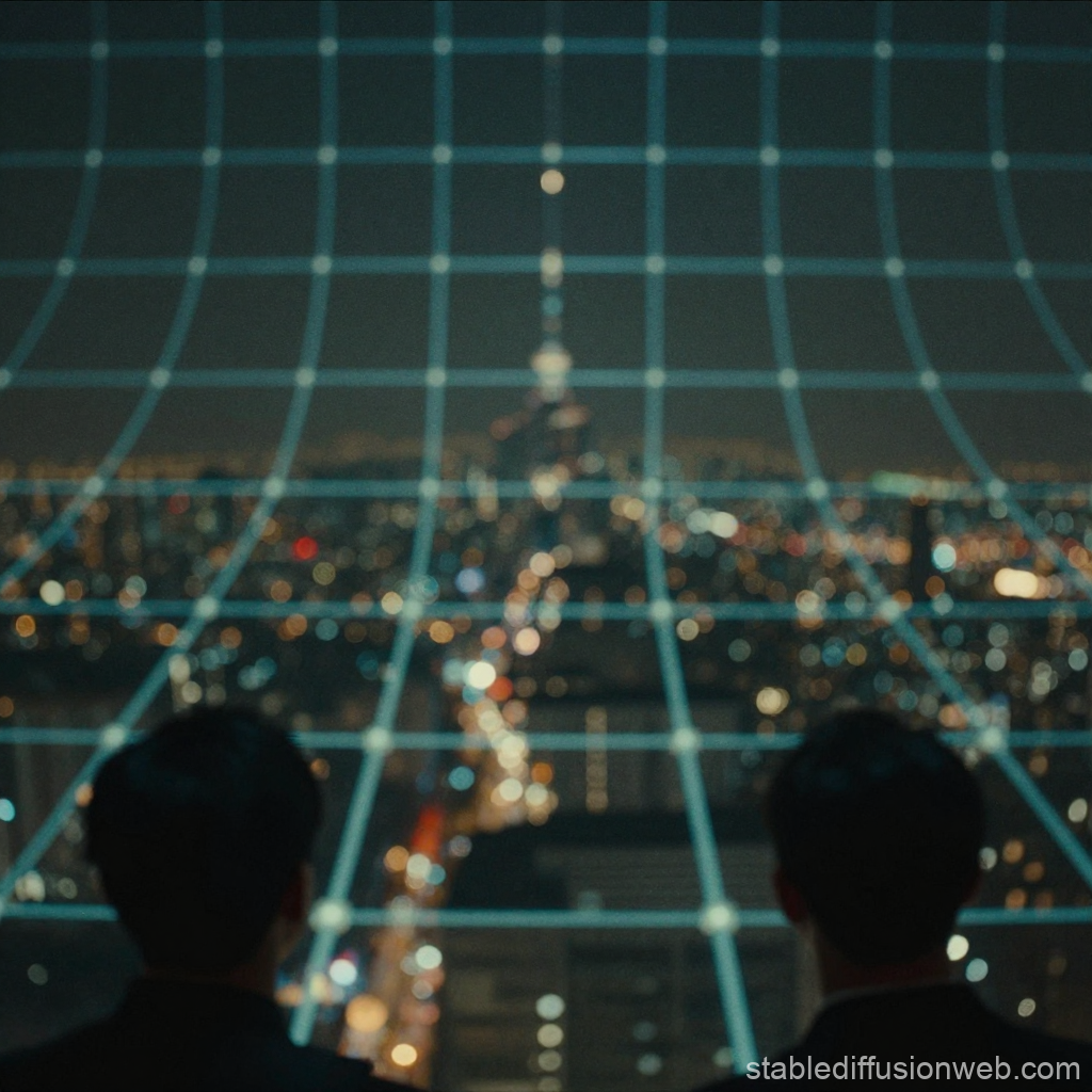 Two Figures Overlooking City Lights with Digital Grid Overlay