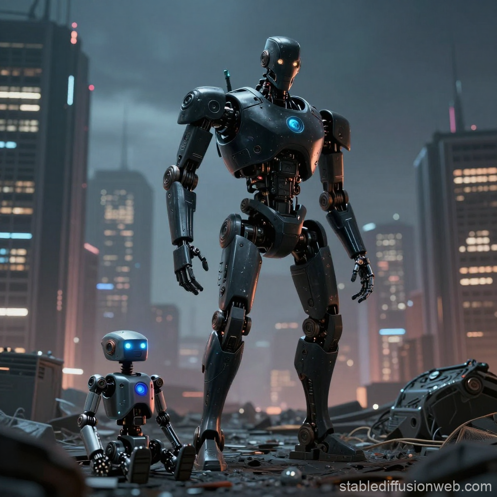 Two Futuristic Robots in a Cyberpunk Cityscape