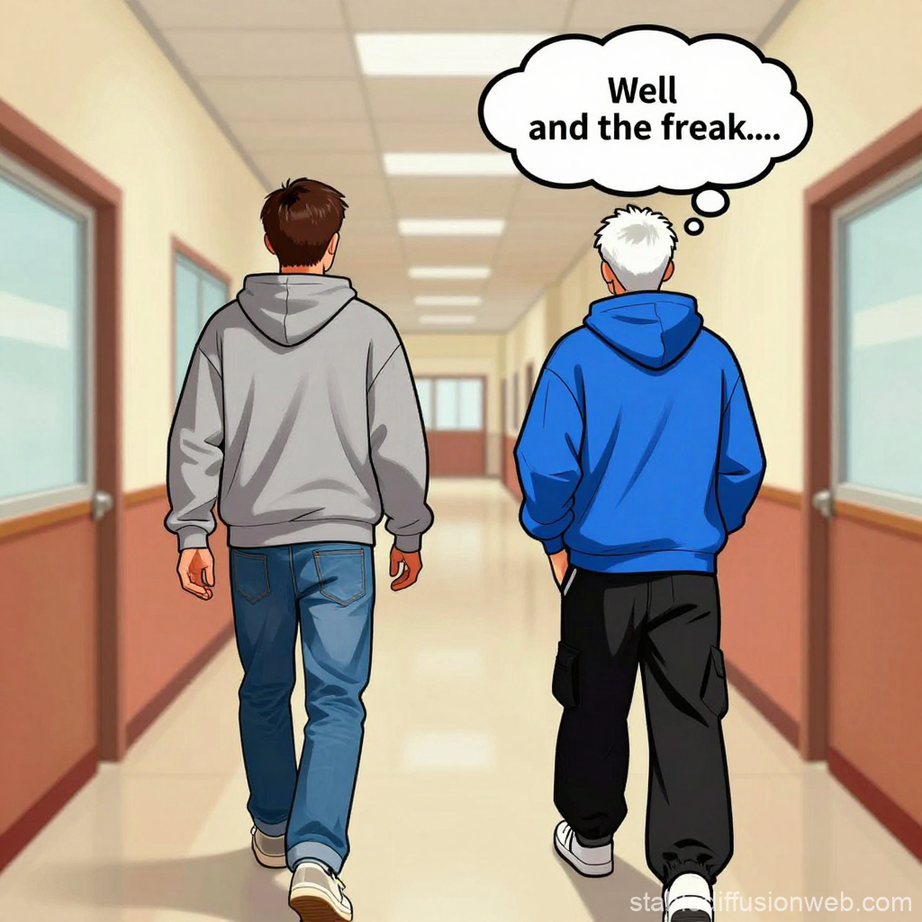 Two Guys Walking in a College Hallway with Thought Bubble