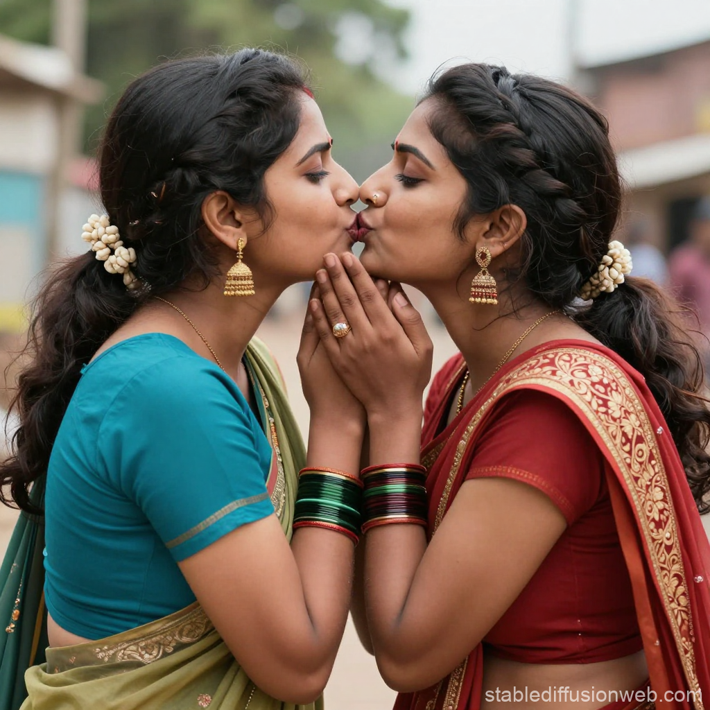 Two Indian Women Sharing a Tender Kiss in Traditional Attire