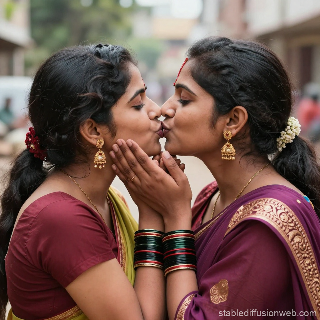 Two Indian Women Sharing a Tender Kiss in Traditional Attire