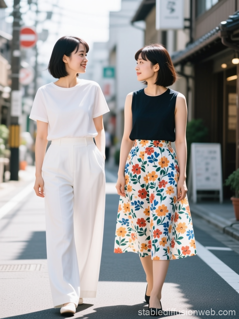 Two Japanese Women Walking and Smiling in City Street