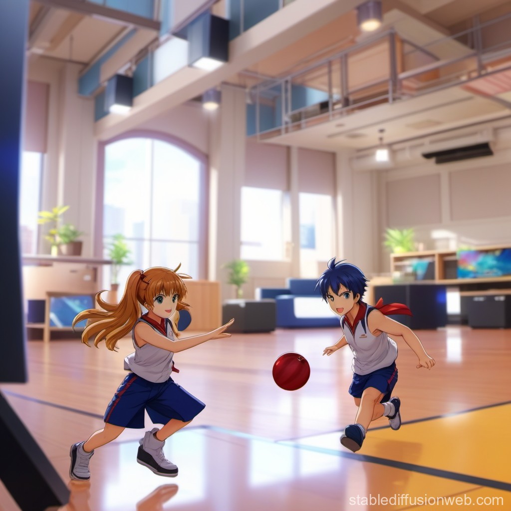 Two Kids Playing Basketball in a Bright Gym