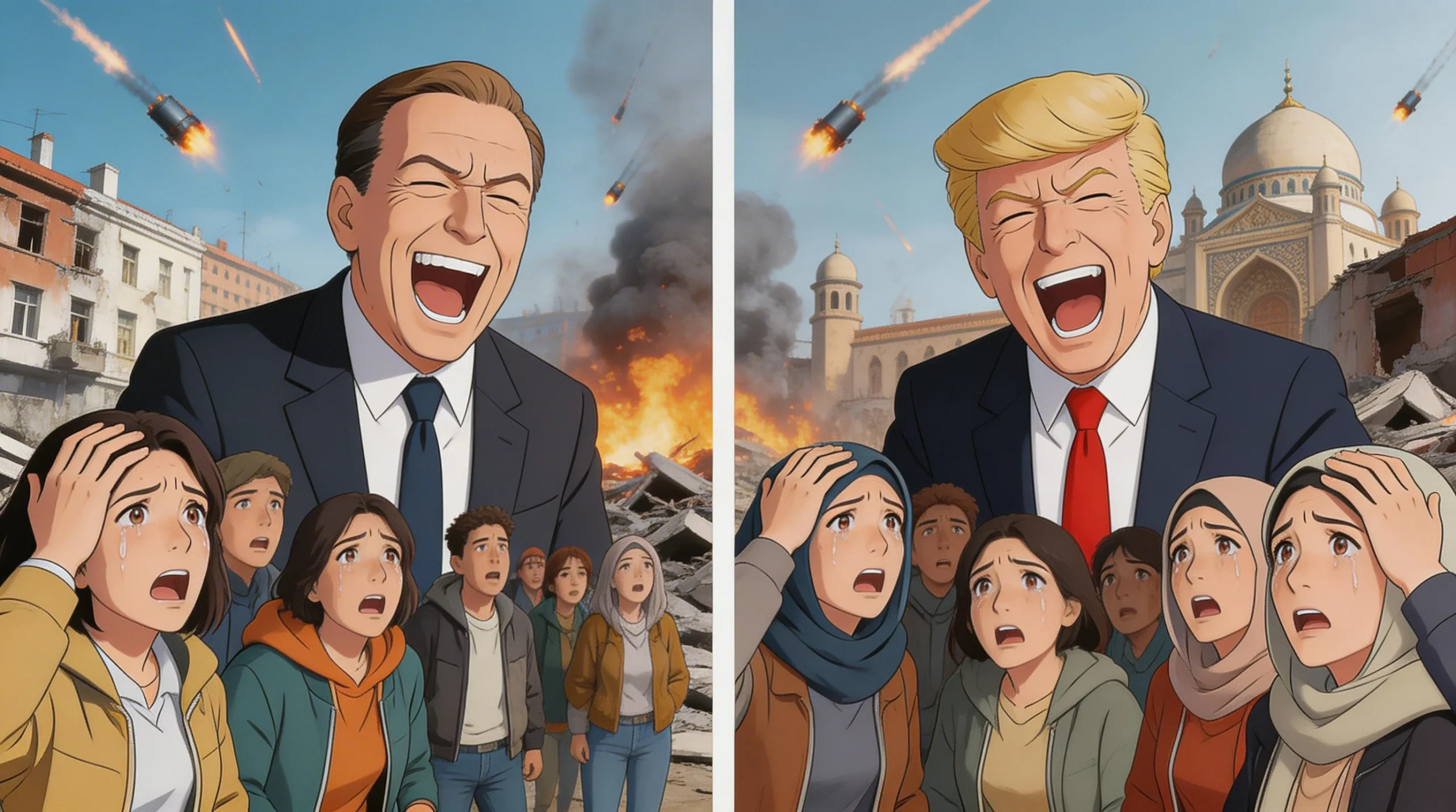 Two Leaders Laughing Amidst War-Torn Scenes in Anime Style