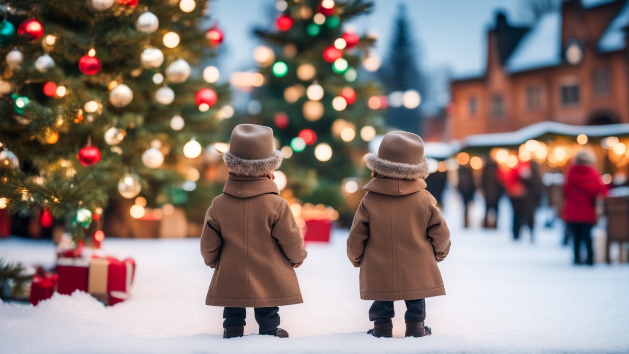 Two Little Children in Winter Coats Admiring Christmas Tree