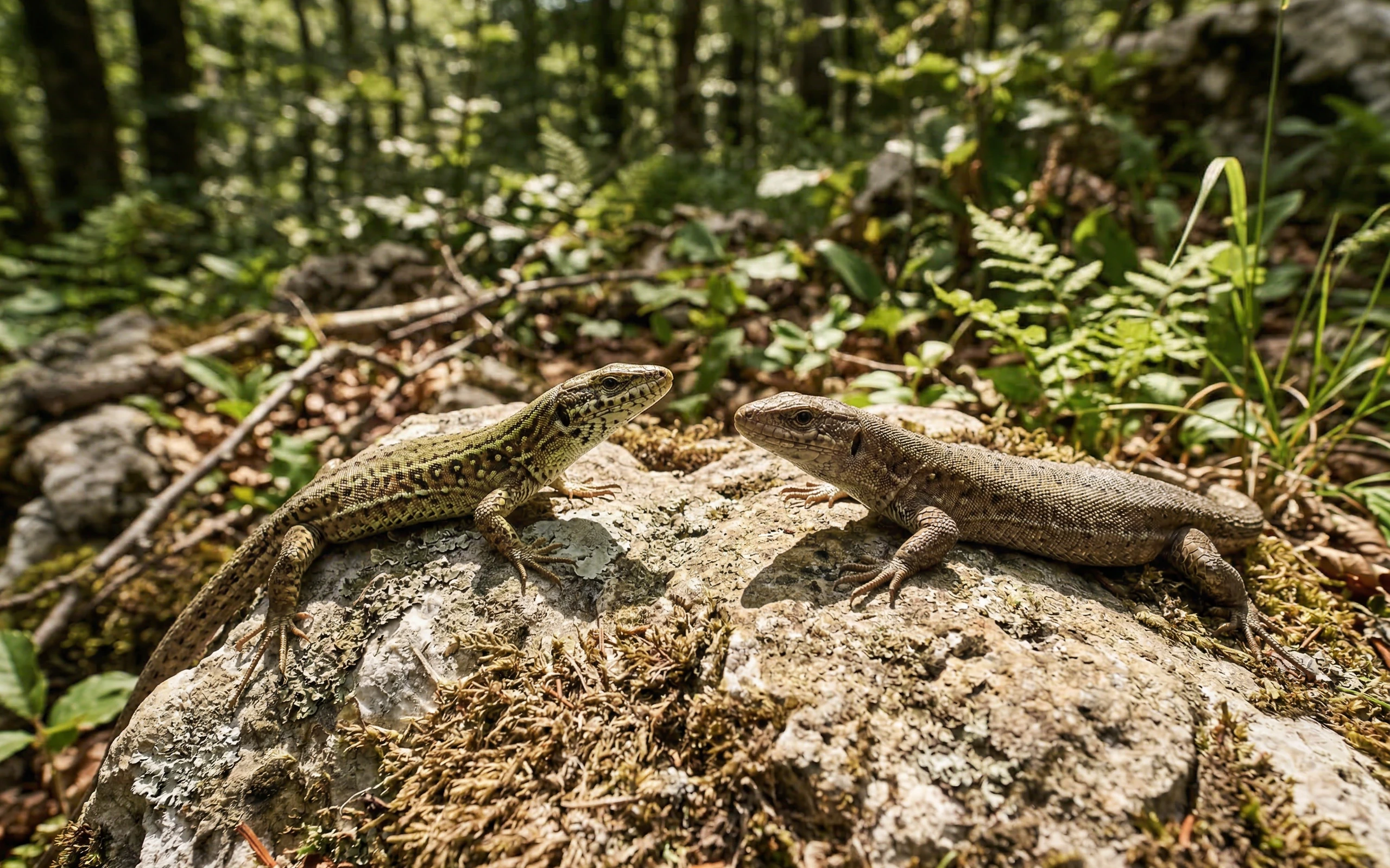 Two Lizards Sunbathing on a Rock in Forest