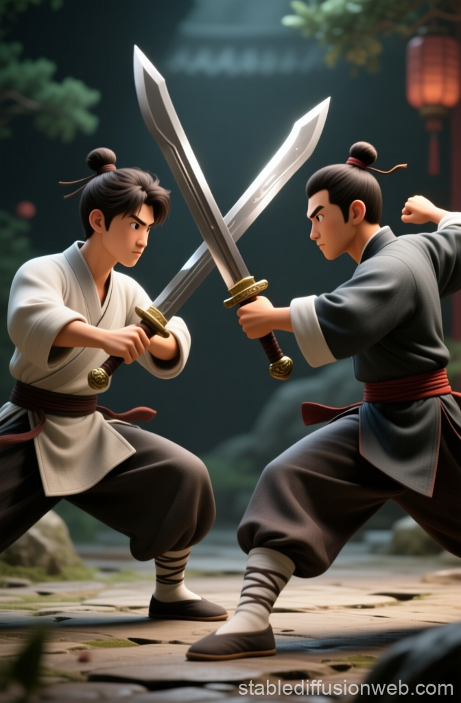 Two Martial Artists Duel with Swords in Traditional Attire