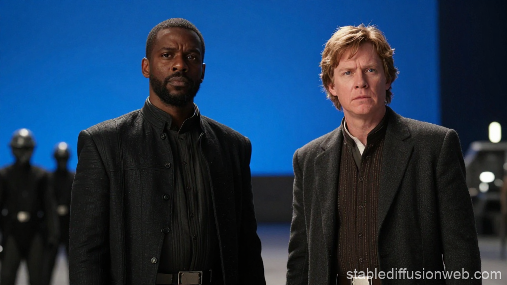 Two Men in Dark Clothing Against Blue Background