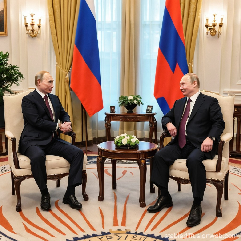 Two Men in Formal Suits Sitting in Elegant Room with Flags