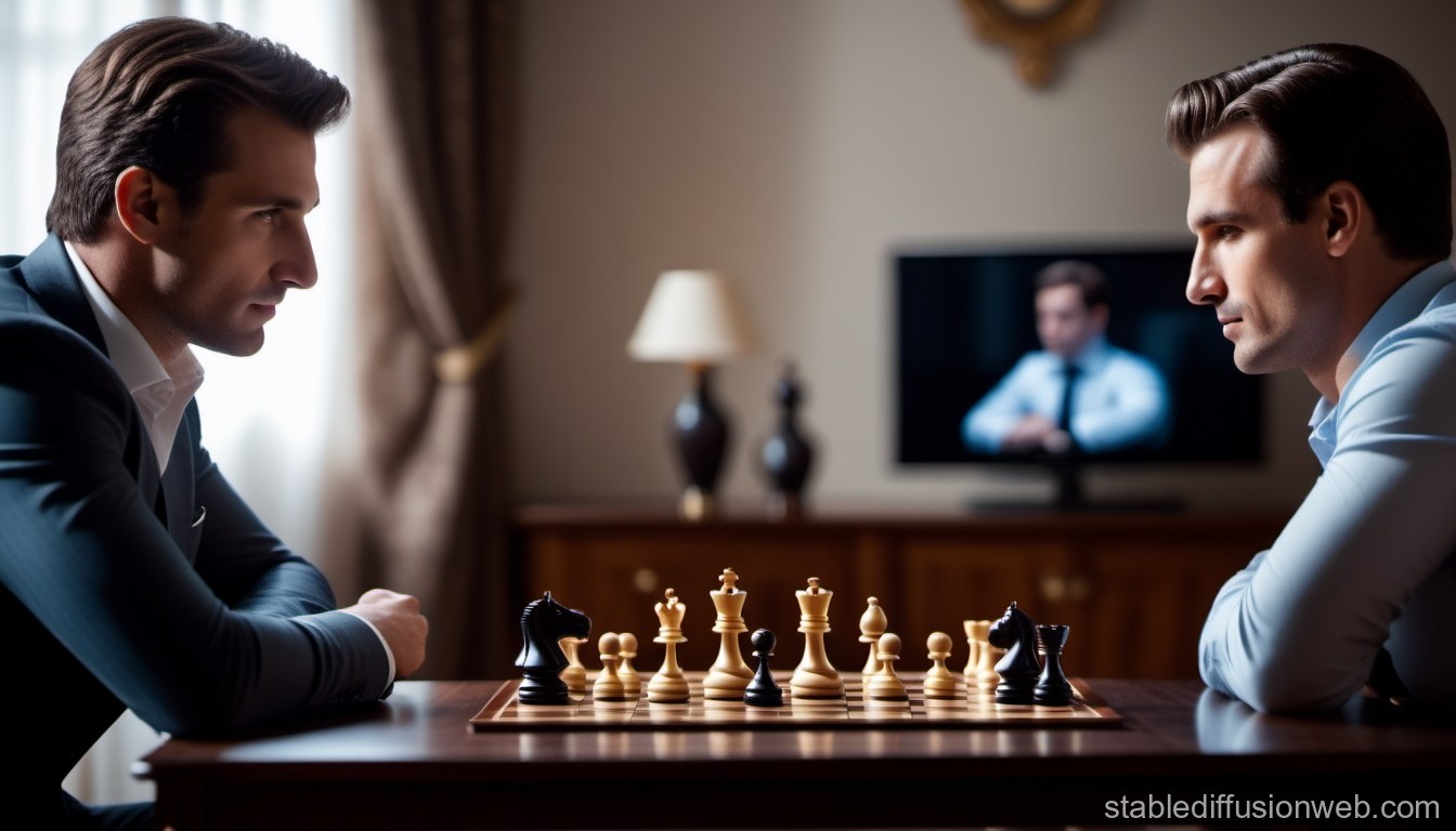 Two Men Intently Playing Chess in Elegant Room
