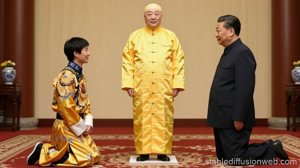 Two Men Kneeling Before Elder in Traditional Yellow Robe