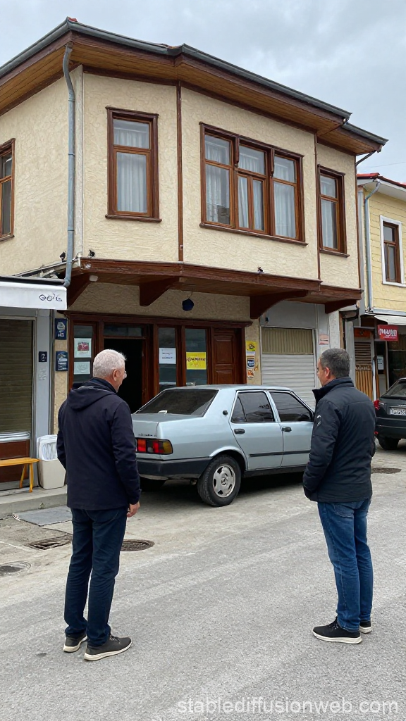 Two Men Observing a Parked Car on a Quiet Street