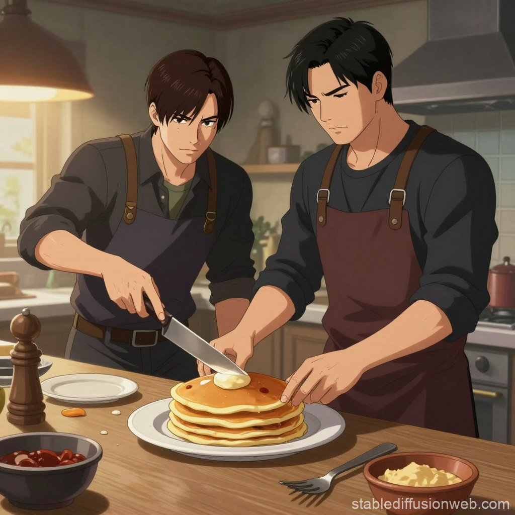 Two Men Preparing Pancakes in a Cozy Kitchen