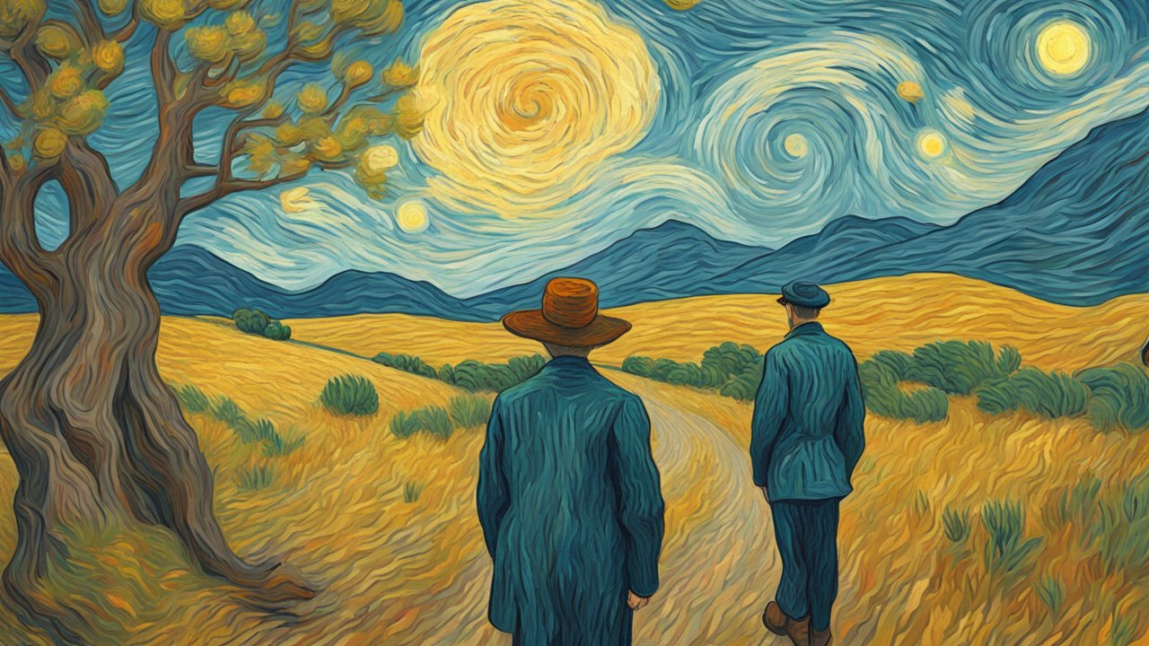 Two Men Walking Through a Starry Night Wheat Field
