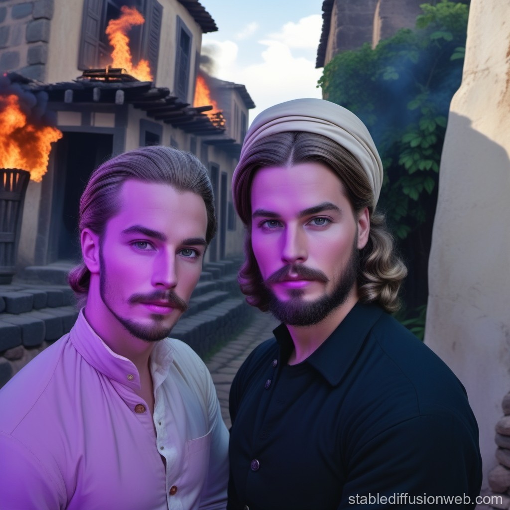 Two Men with Intense Gaze in Historic Village with Burning Buildings