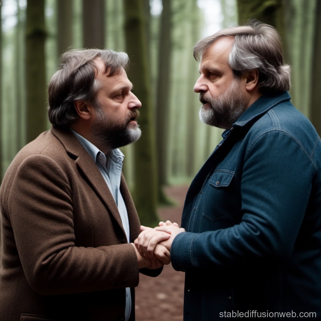 Two Middle-Aged Men Holding Hands in a Forest