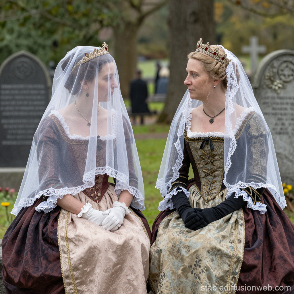 Two Mourning Comtesses in Historical Attire at a Cemetery