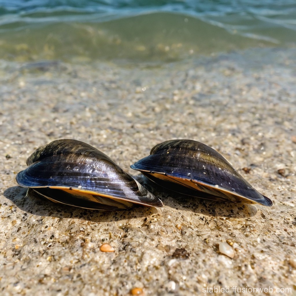 Two Mussel Shells on Sandy Shore by the Water
