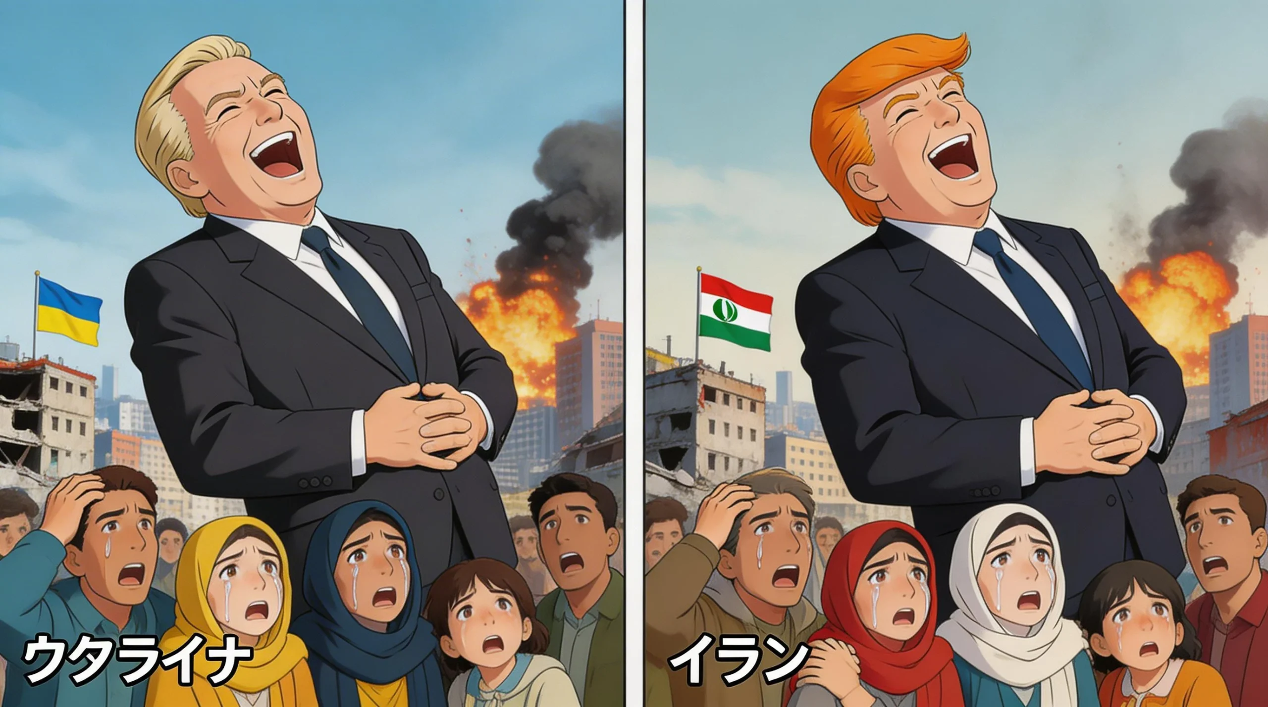 Two Panels Showing Leaders Laughing Amidst War Destruction