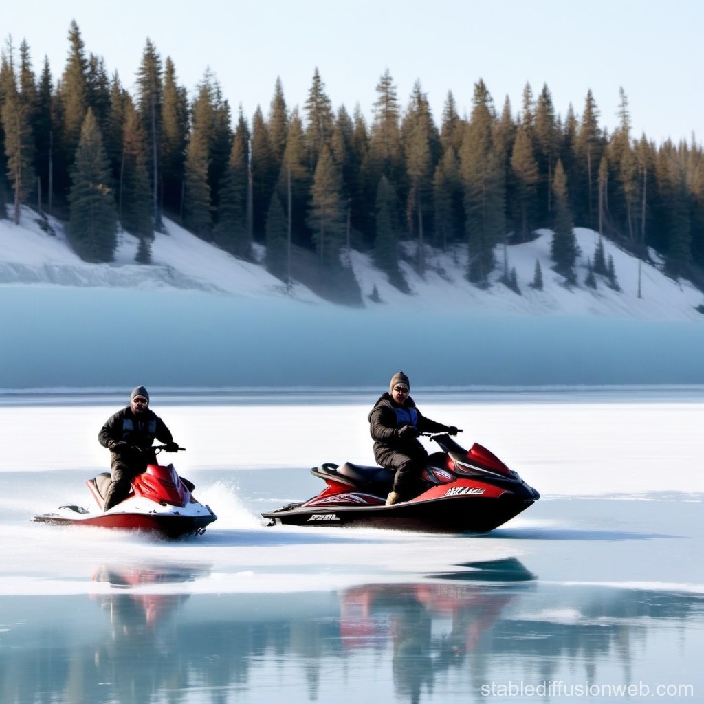 Two People Riding Jet Skis on a Frozen Lake