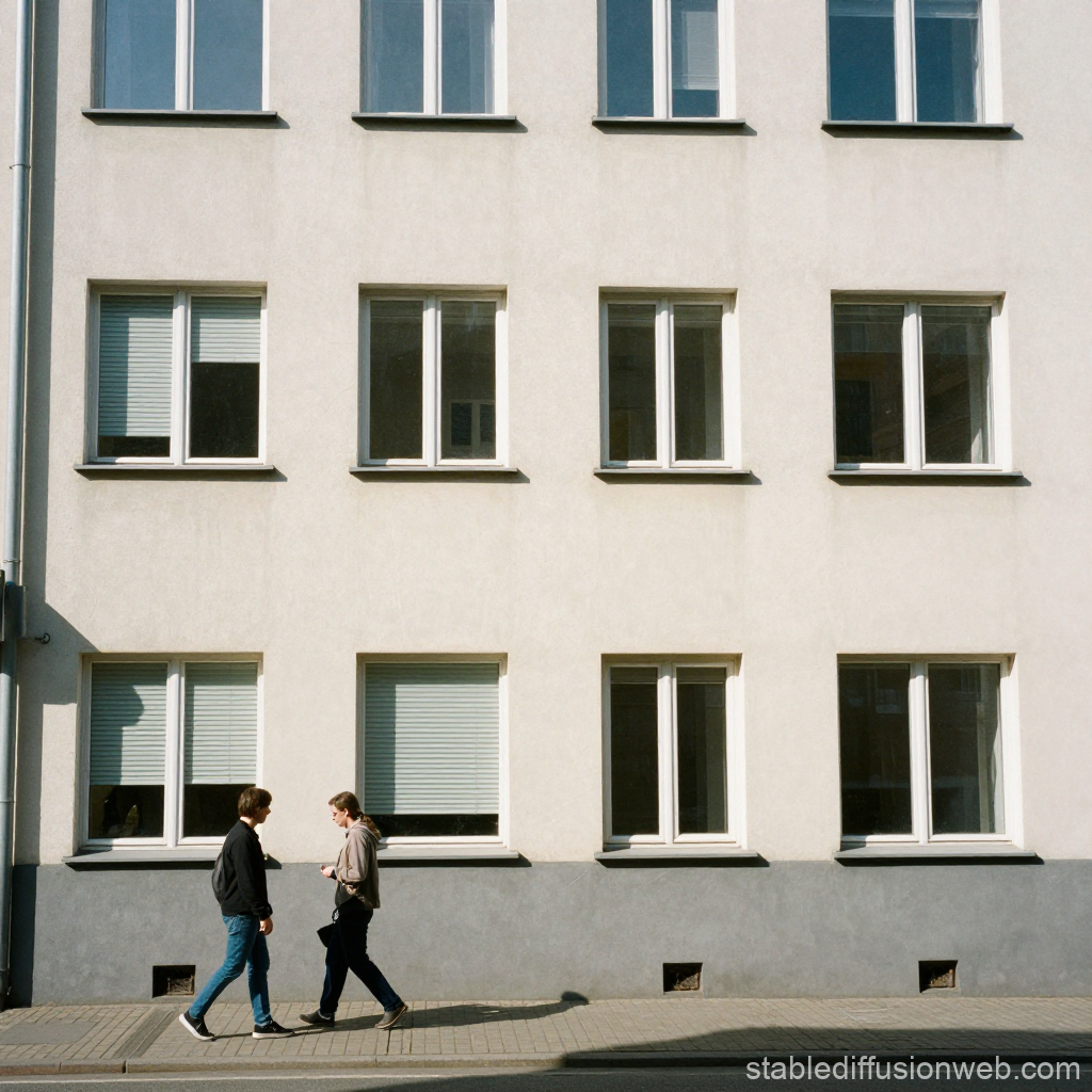 Two People Walking Past a Modern Apartment Building