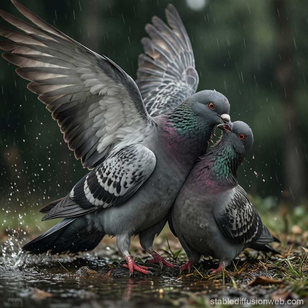 Two Pigeons Interacting in the Rain