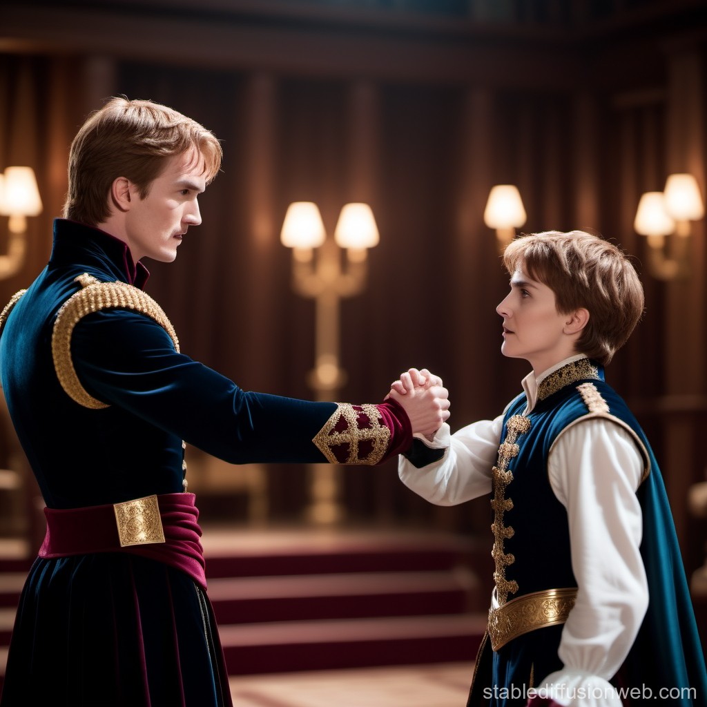 Two Princes in Regal Attire Shaking Hands in a Grand Hall