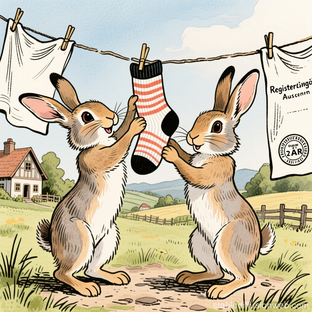 Two Rabbits Stealing a Sock on a Clothesline