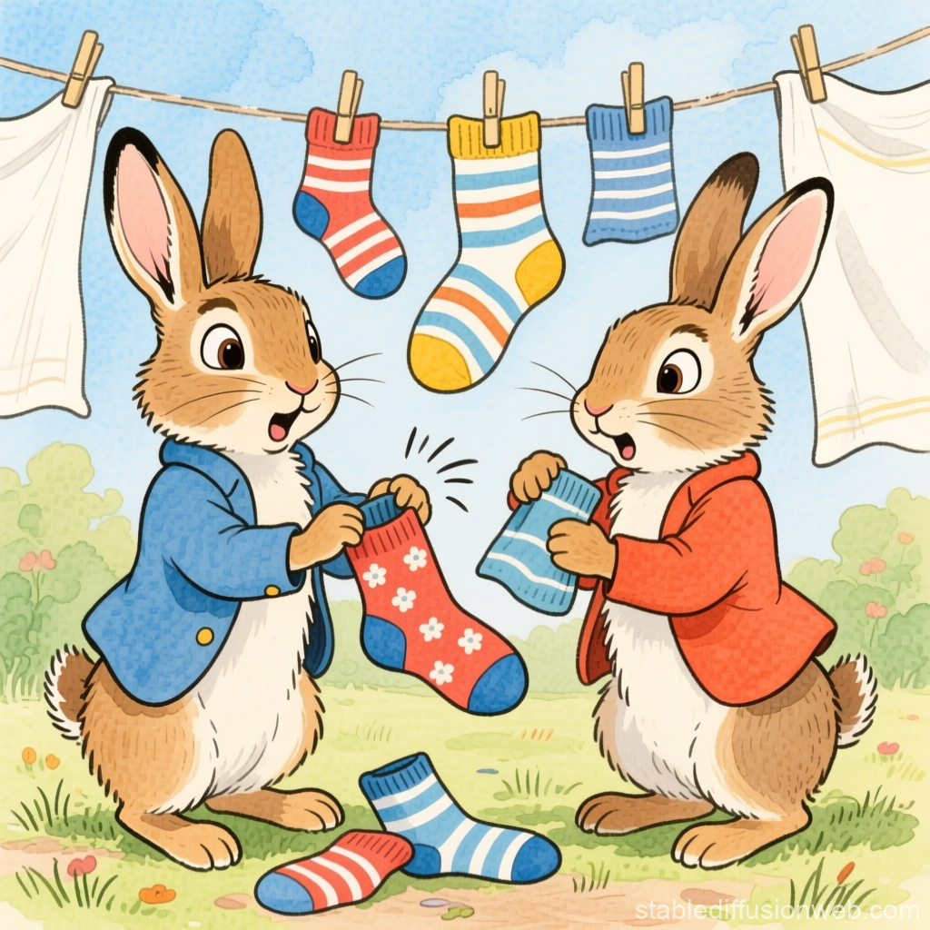 Two Rabbits Stealing Colorful Socks on a Clothesline