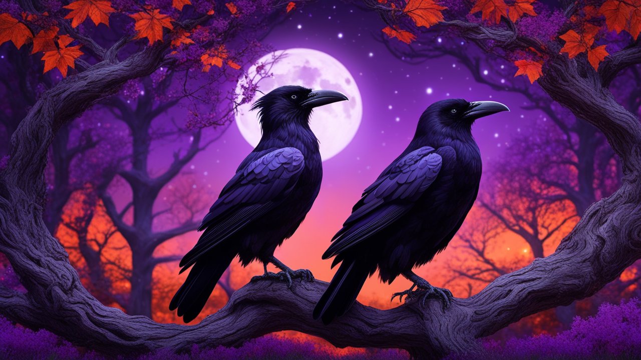 Two Ravens Perched on a Twisted Tree Branch Under a Full Moon