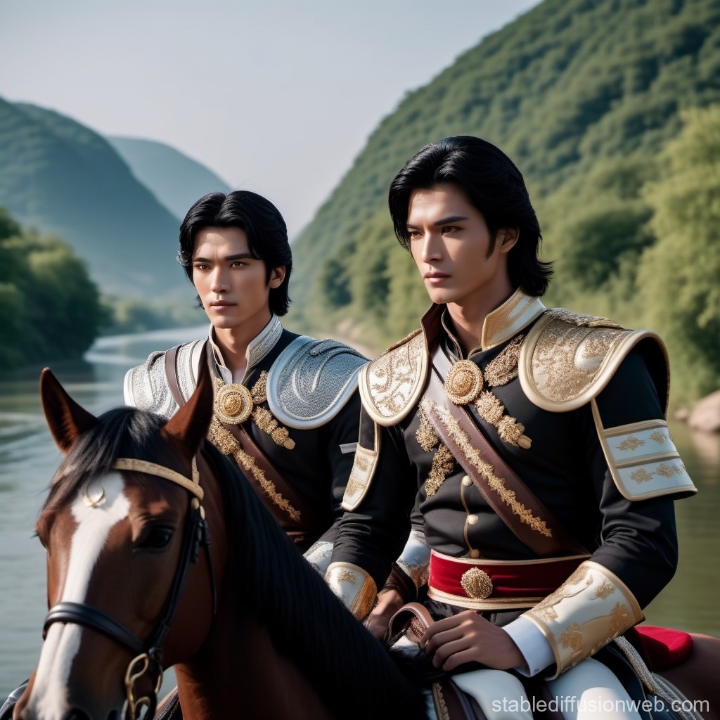 Two Regal Warriors on Horseback by a River