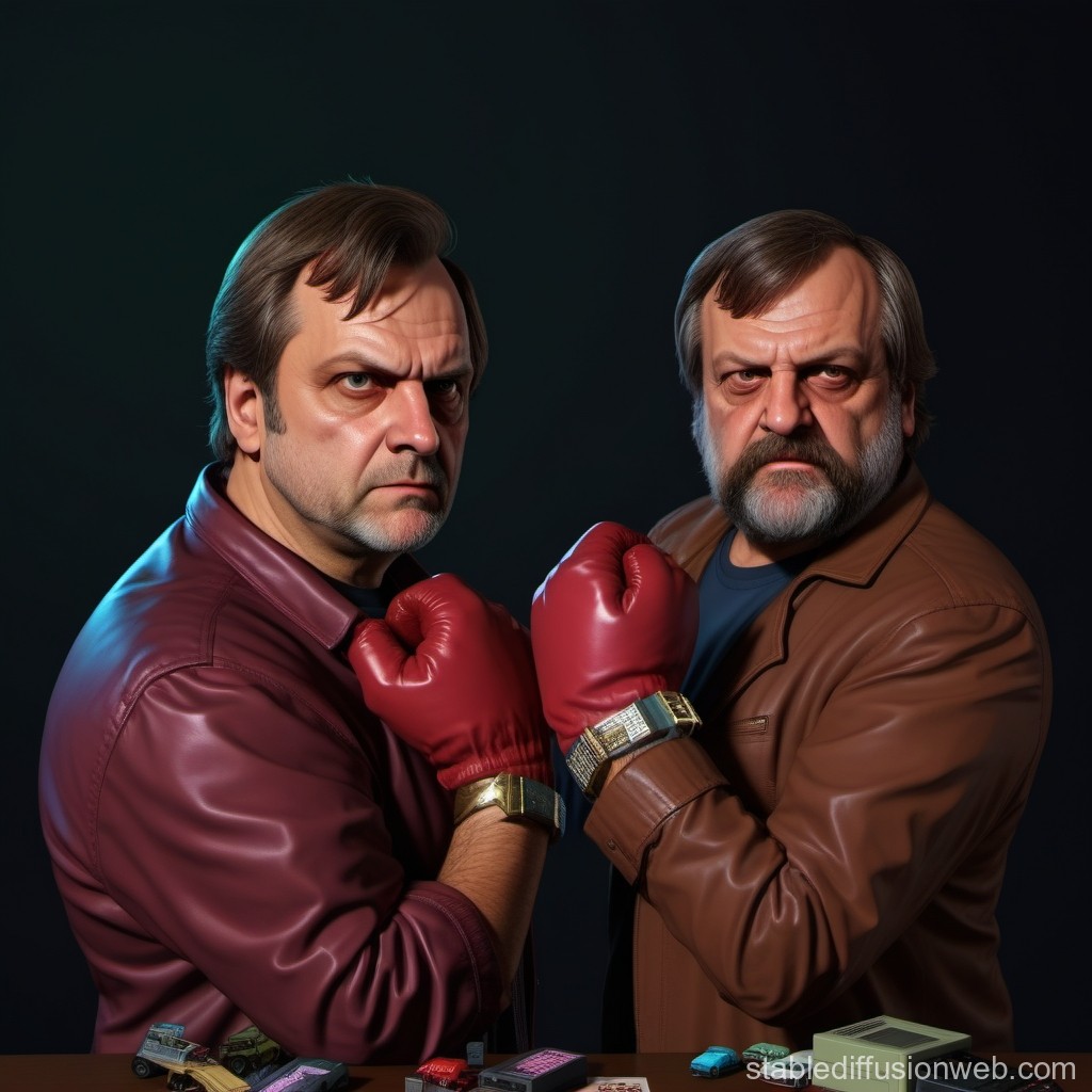 Two Serious Men with Boxing Gloves in Leather Jackets