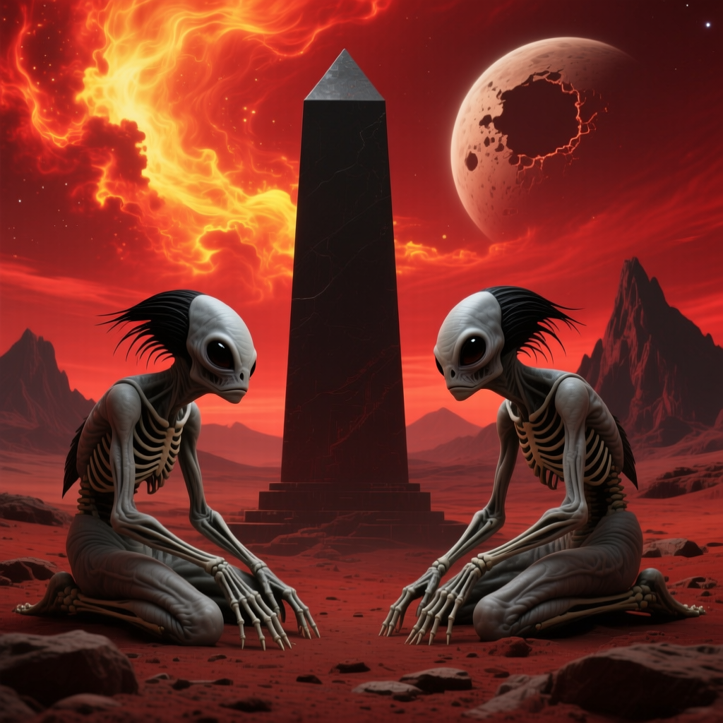 Two Skeletal Aliens Kneeling by a Monolith on a Fiery Red Planet