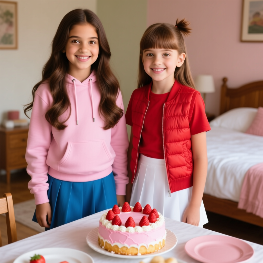 Two Smiling Girls with Strawberry Cake in Cozy Bedroom