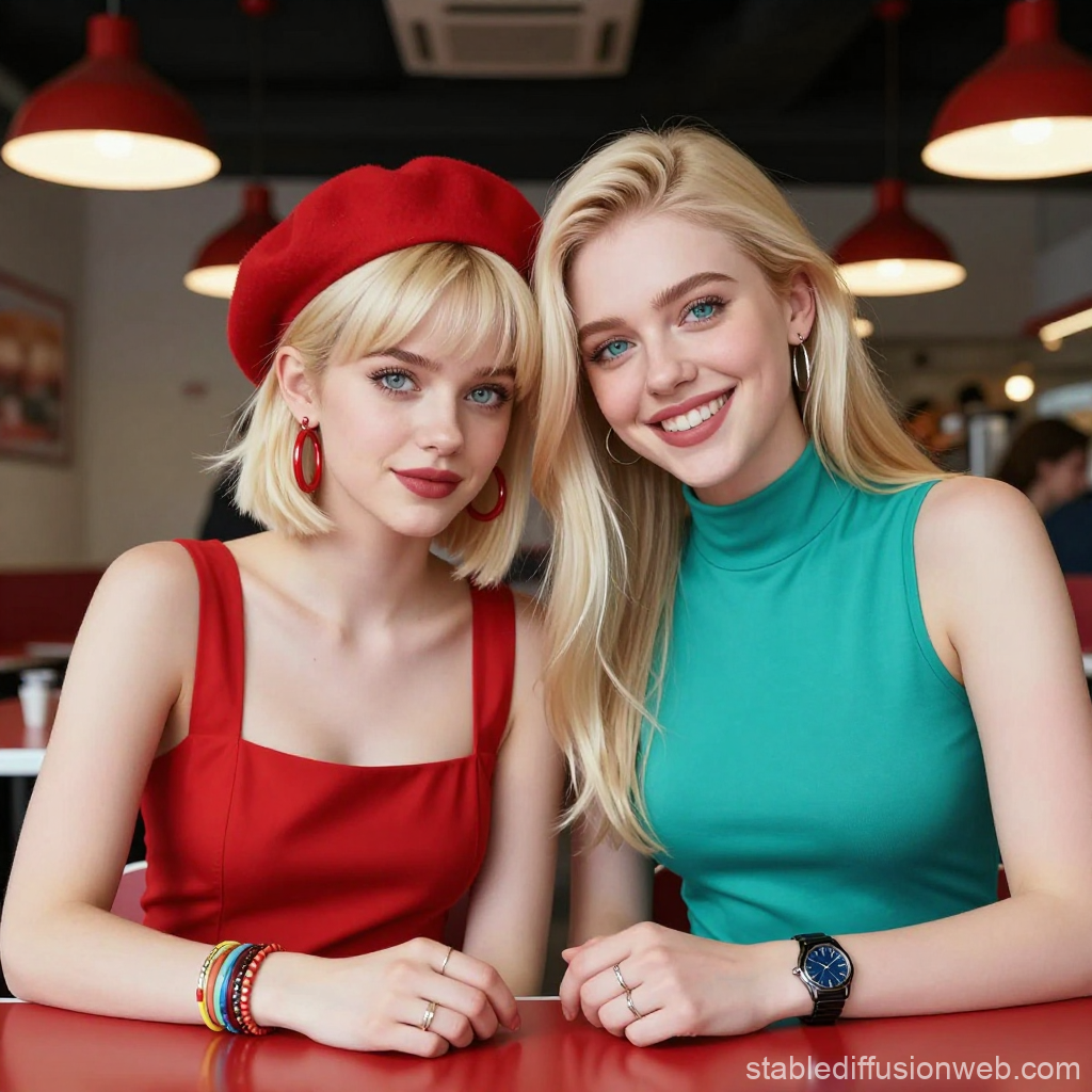 Two Smiling Women in Vibrant Outfits at a Cafe
