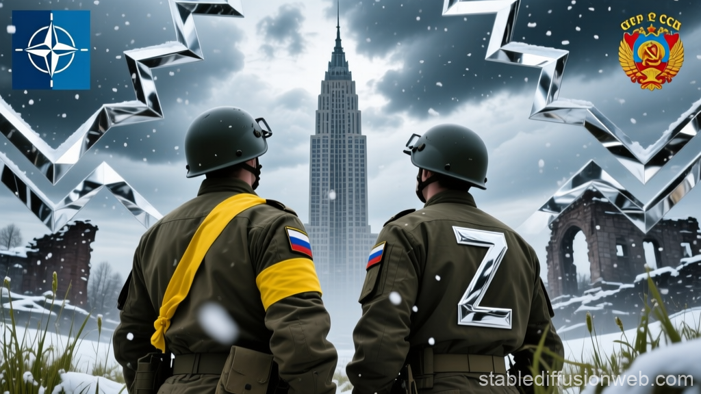 Two Soldiers Facing a War-Torn Cityscape with Symbolic Emblems