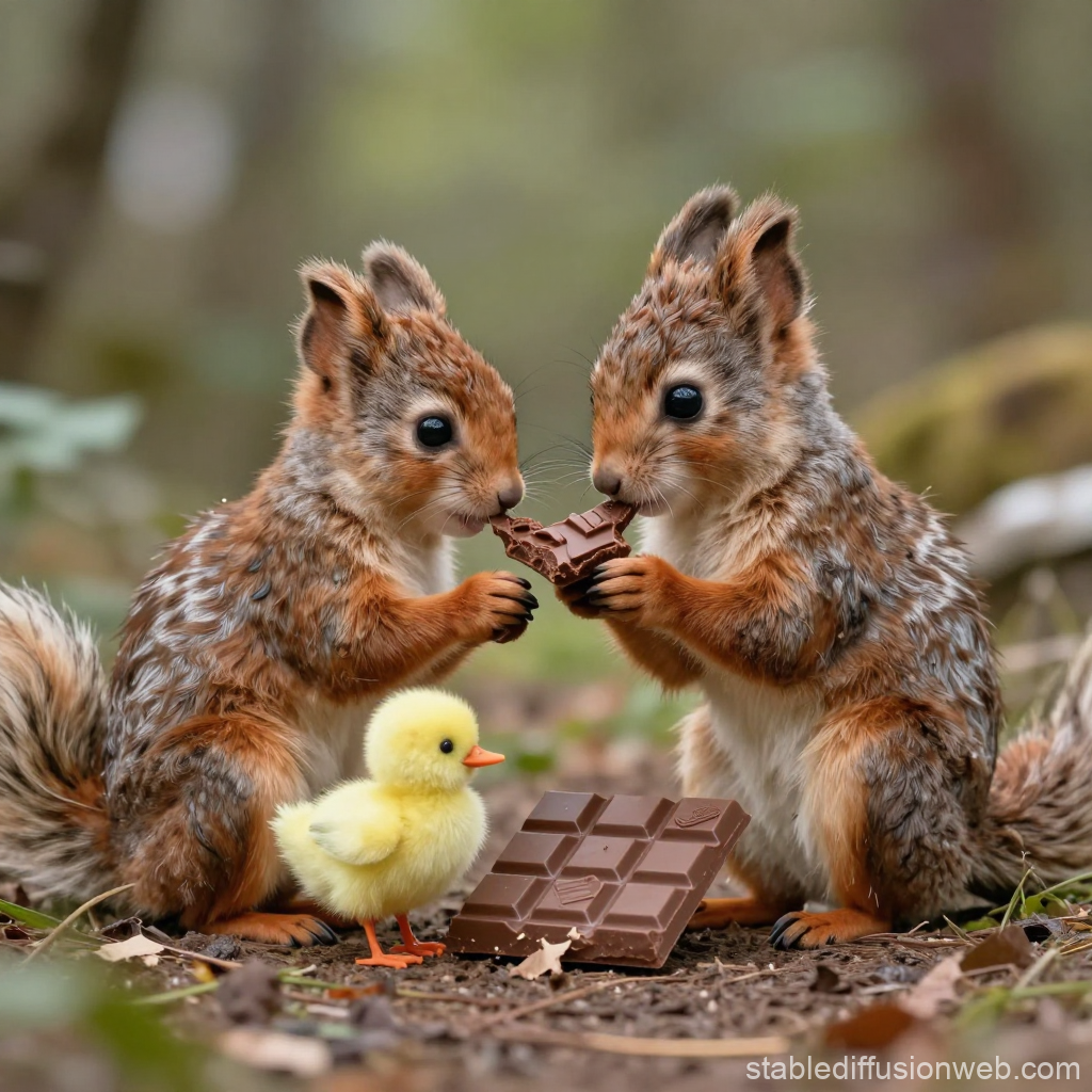 Two Squirrels Sharing Chocolate with a Duckling