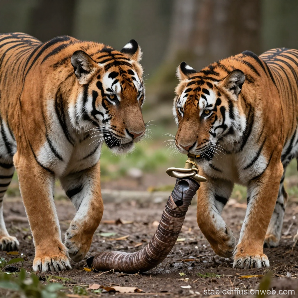 Two Tigers Interacting with a Curved Horn Object