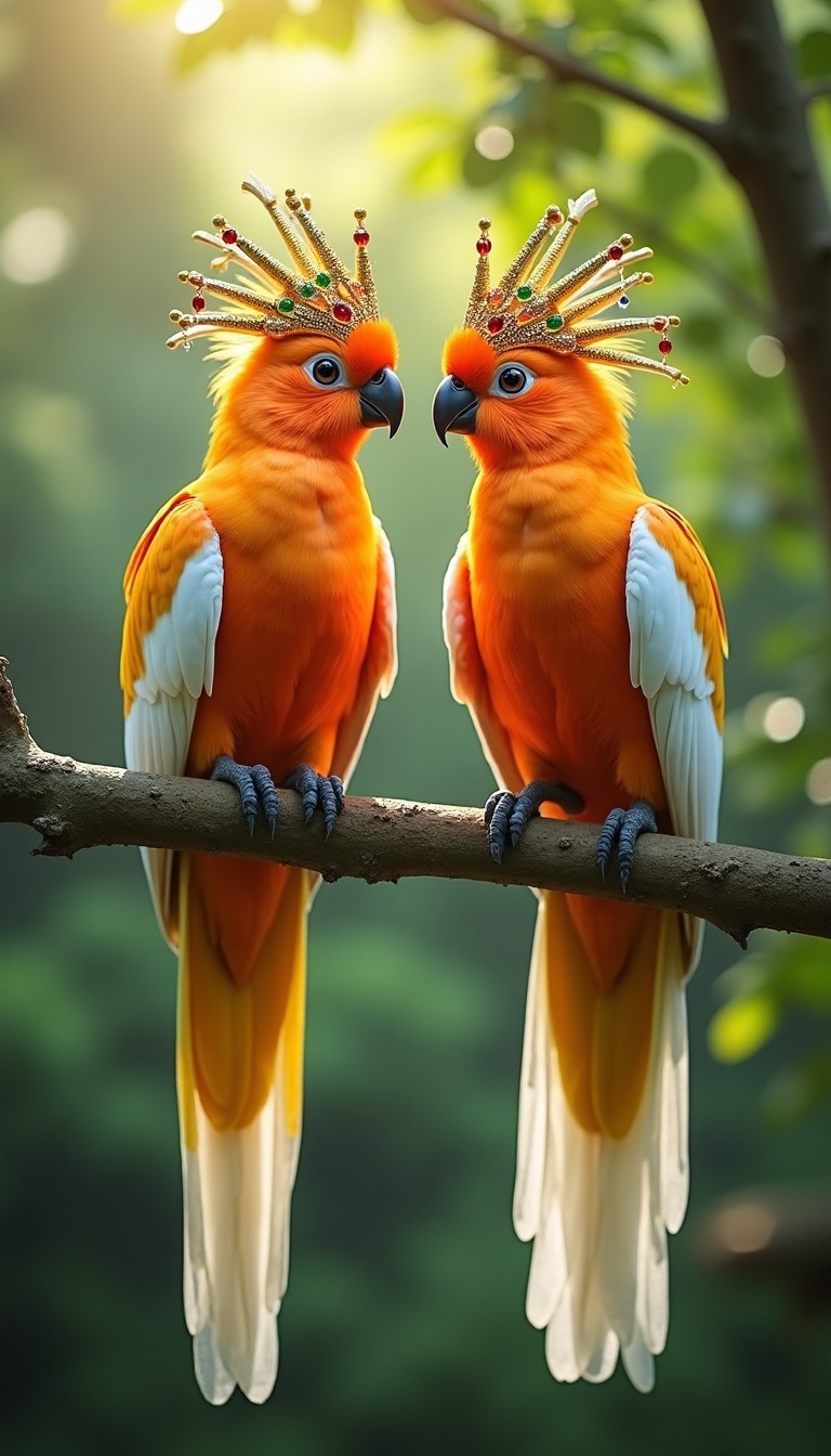 Two Vibrant Orange Parrots Wearing Ornate Crowns on a Branch