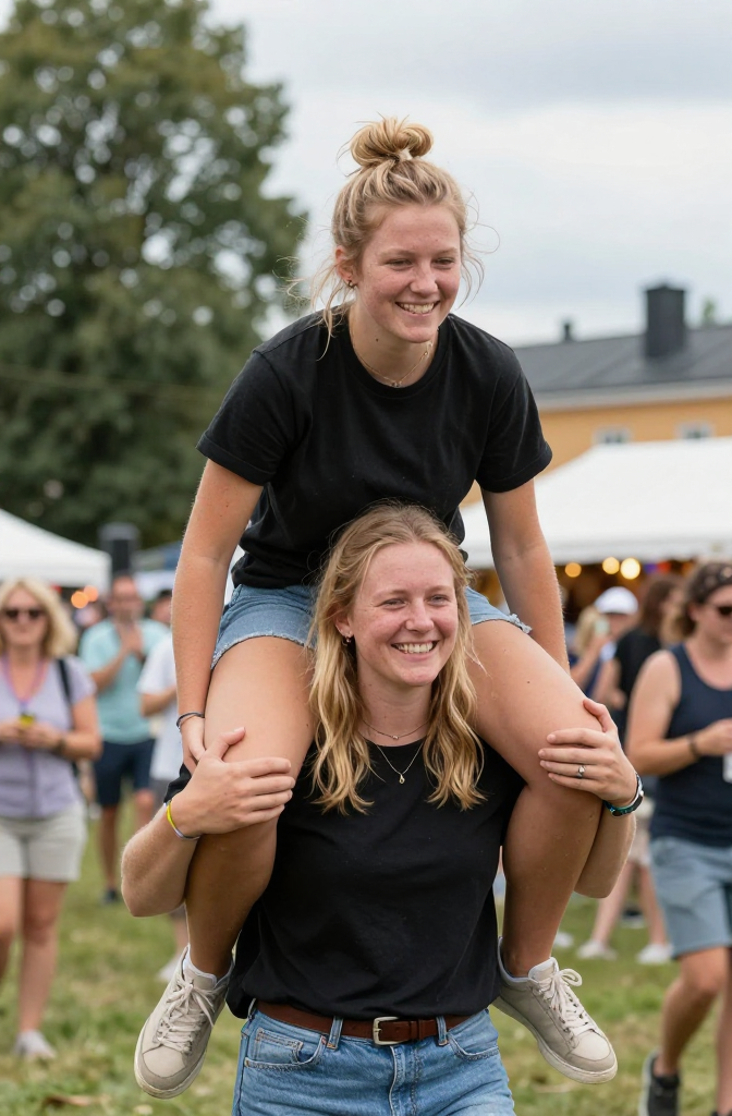 Two Women Enjoying a Festival with One on Shoulders