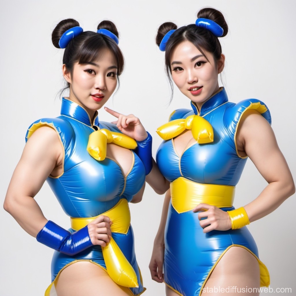 Two Women in Shiny Blue and Yellow Cosplay Outfits
